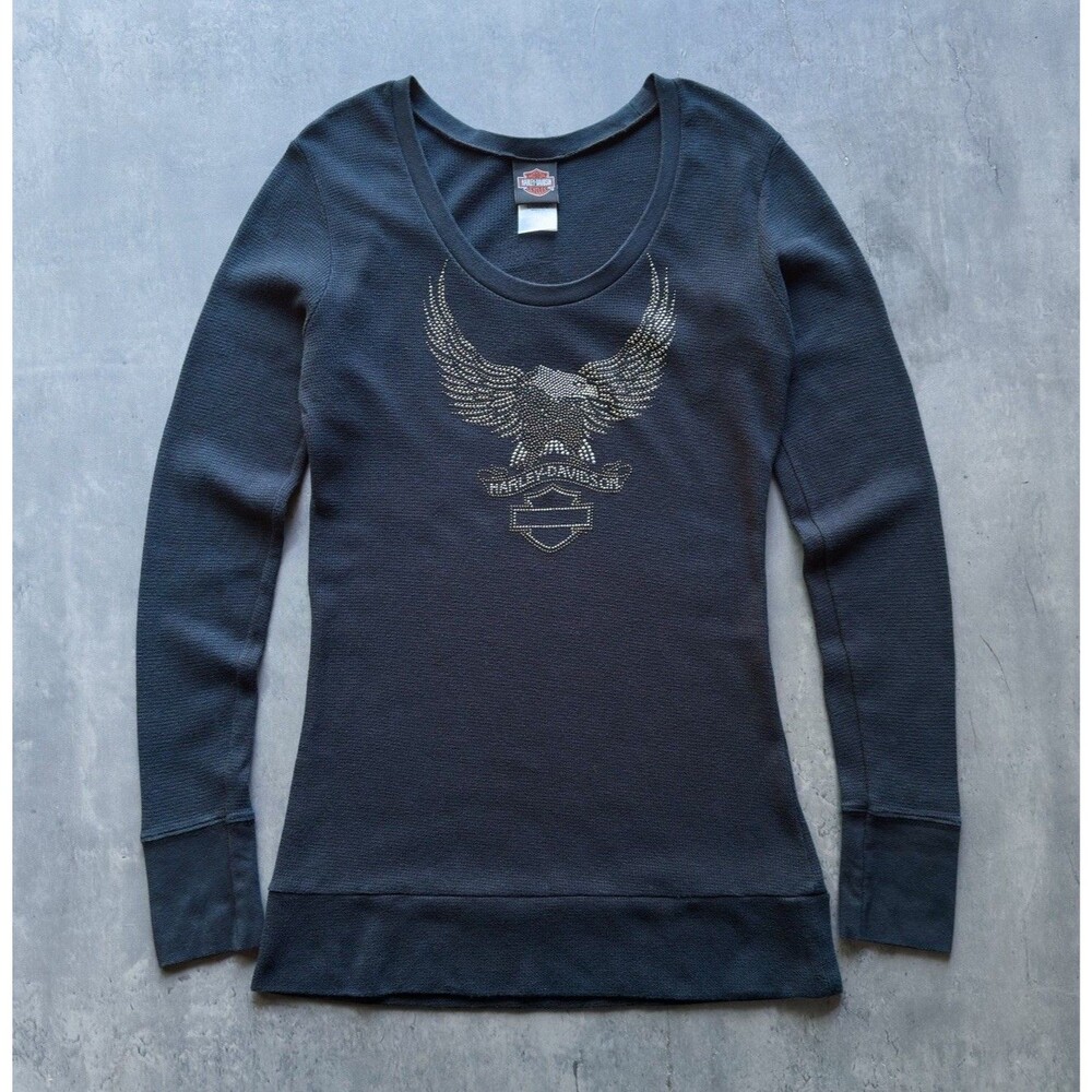 Harley Davidson Womens L Thermal Shirt Made In USA Eagle Rhinestone Delbarton WV